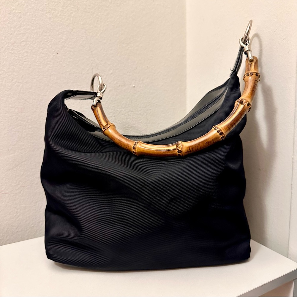 Y2K Vintage Gucci Shoulder Bag 90s Nylon Bamboo Handle Classic Designer Purse
